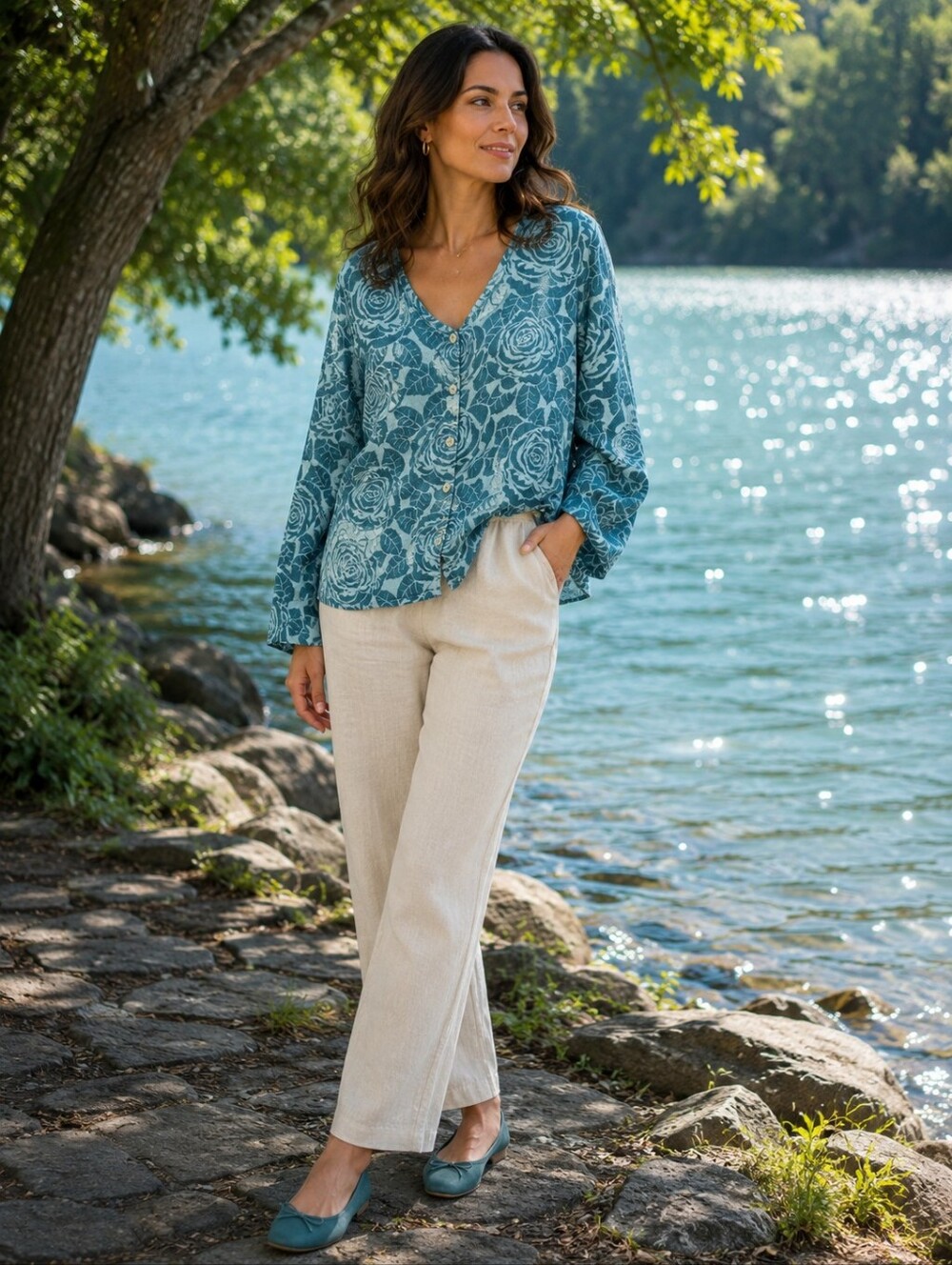 Flax Button Front Patina Back Peplum 100 Linen Blouse- Size: L Flax Size: P= L
